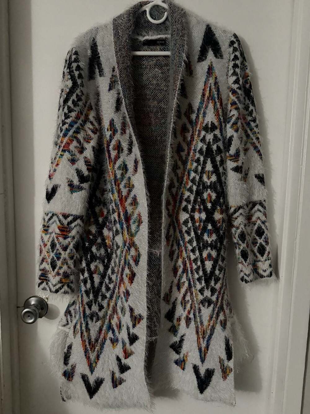 On Blue Aztec Tribal Open Front Duster Cardigan Sweater Size S